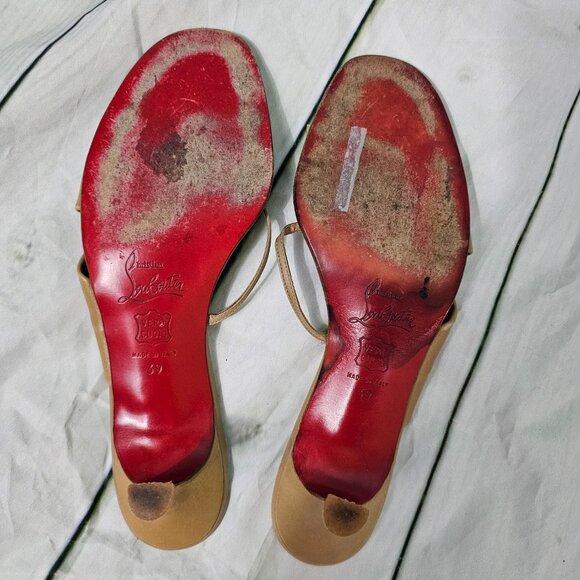 CHRISTIAN LOUBOUTIN Tan Leather Strappy Bow Detail Slip On Sandals~Size 39 - Picture 8 of 8